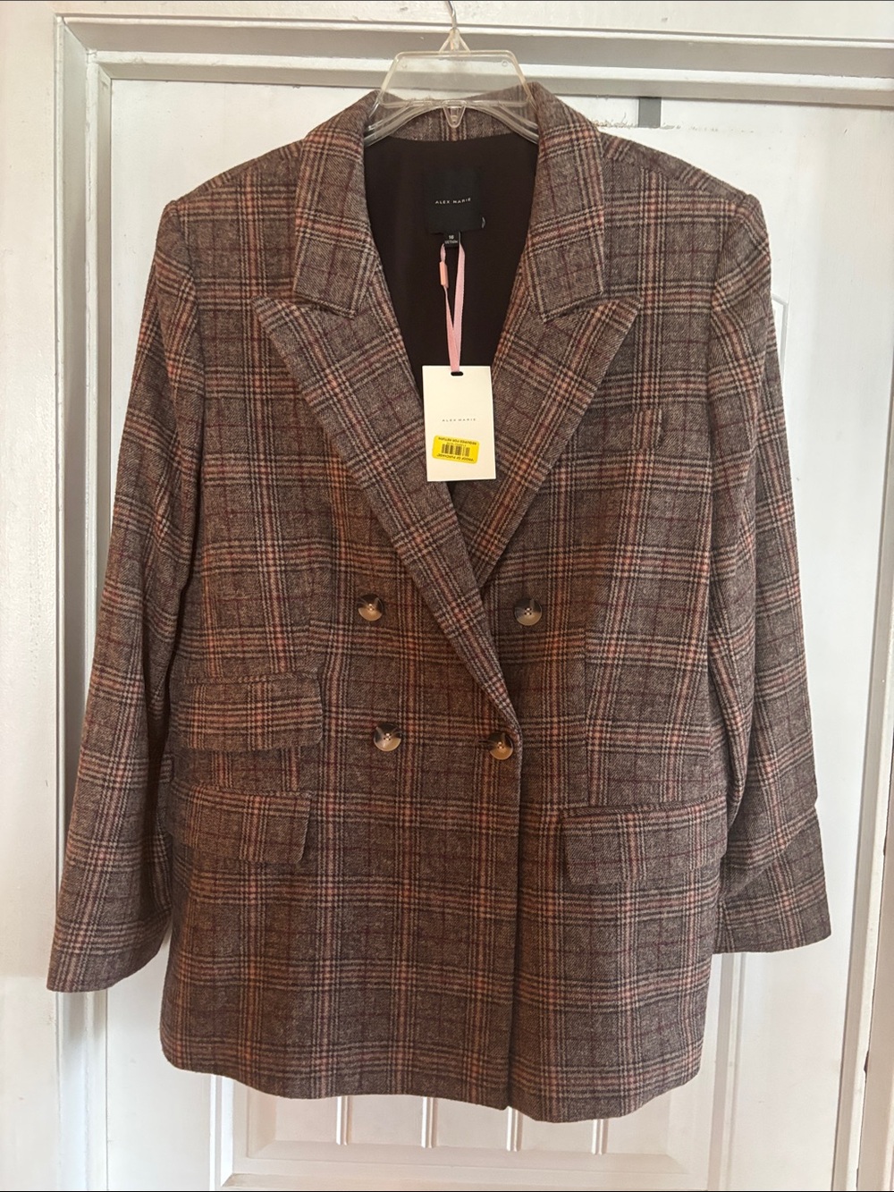 Alex Marie Brown Plaid Double-Breasted Blazer Jacket